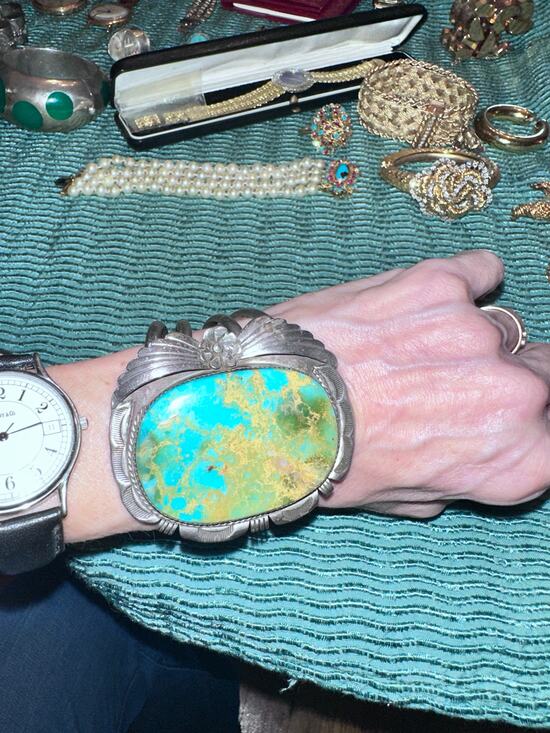 NAVAJO Jewelry - VINTAGE 70's 80's HUGE HEAVY SIGNED NAVAJO CARVED STERLING TURQUOISE CUFF UNISEX